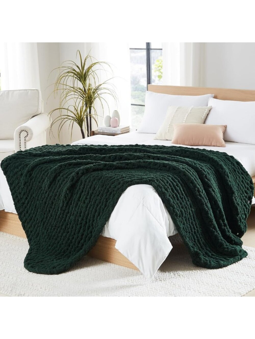 Cozy Olive Green Chunky Knit Throw Blanket, 50x60 Inches for Couch & Home Decor